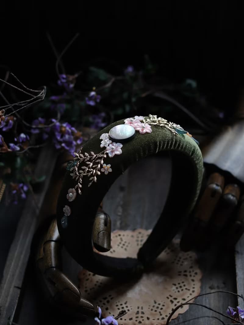 復古風天鵝絨髮箍 櫻月夜