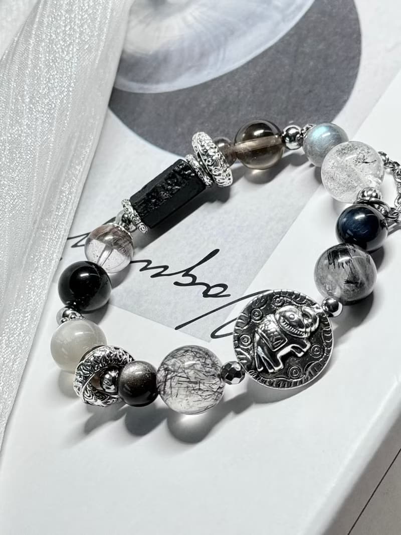 富豫雙生水晶設計手鍊情侶款 - 醫療鋼/黑碧璽原礦/金曜石愛心