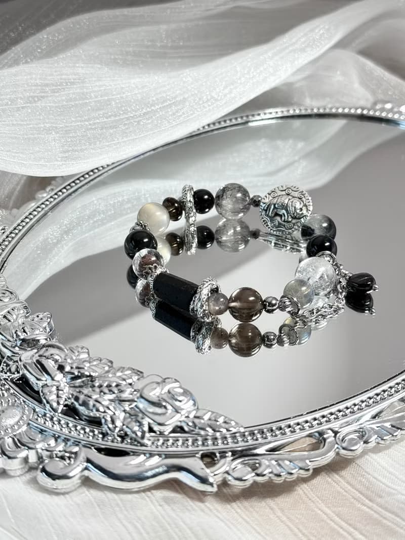 富豫雙生水晶設計手鍊情侶款 - 醫療鋼/黑碧璽原礦/金曜石愛心