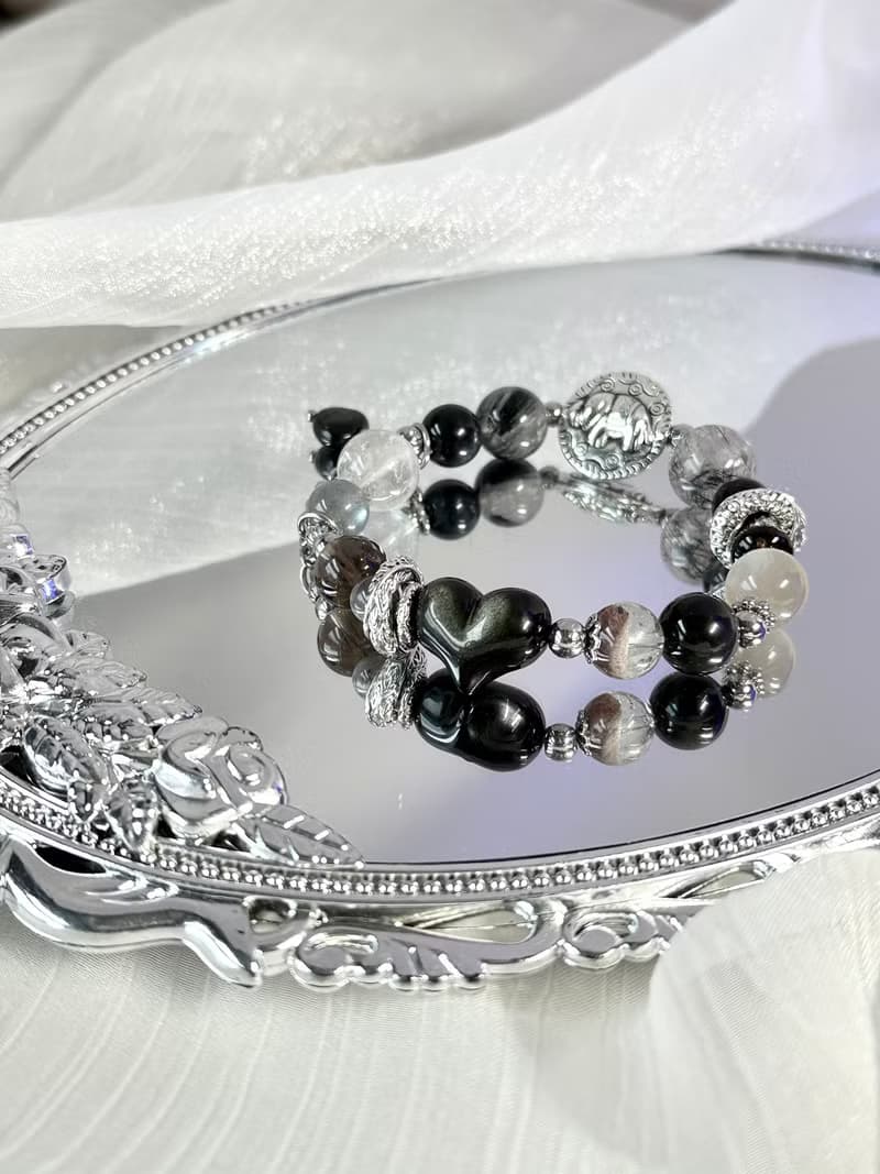 富豫雙生水晶設計手鍊情侶款 - 醫療鋼/黑碧璽原礦/金曜石愛心