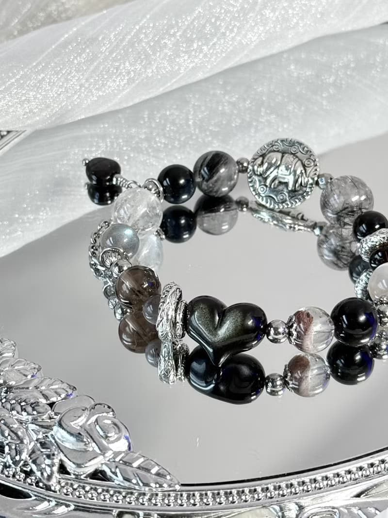 富豫雙生水晶設計手鍊情侶款 - 醫療鋼/黑碧璽原礦/金曜石愛心