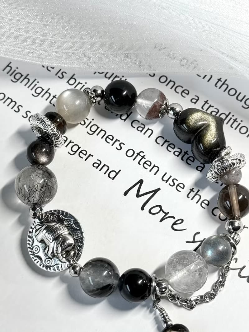 富豫雙生水晶設計手鍊情侶款 - 醫療鋼/黑碧璽原礦/金曜石愛心