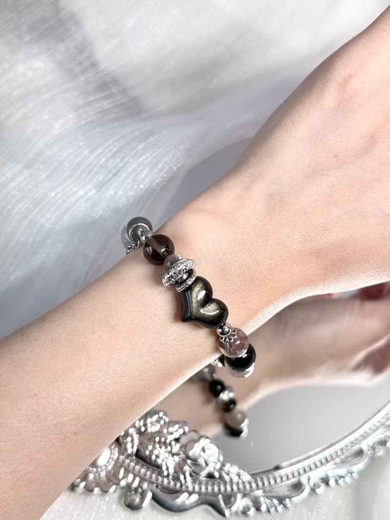 富豫雙生水晶設計手鍊情侶款 - 醫療鋼/黑碧璽原礦/金曜石愛心