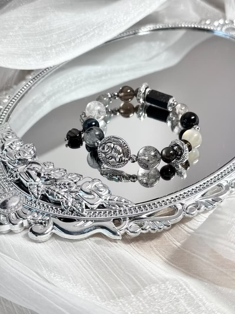 富豫雙生水晶設計手鍊情侶款 - 醫療鋼/黑碧璽原礦/金曜石愛心