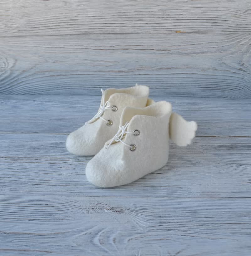 Felted wool white baby booties with angel wings Newborn shoes Christening gift