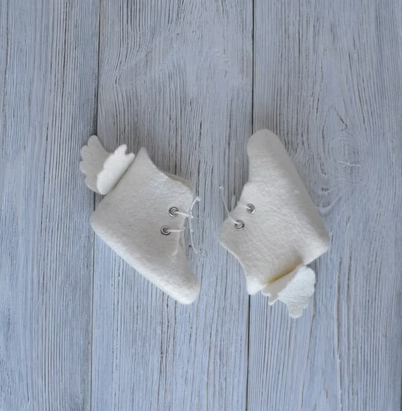 Felted wool white baby booties with angel wings Newborn shoes Christening gift