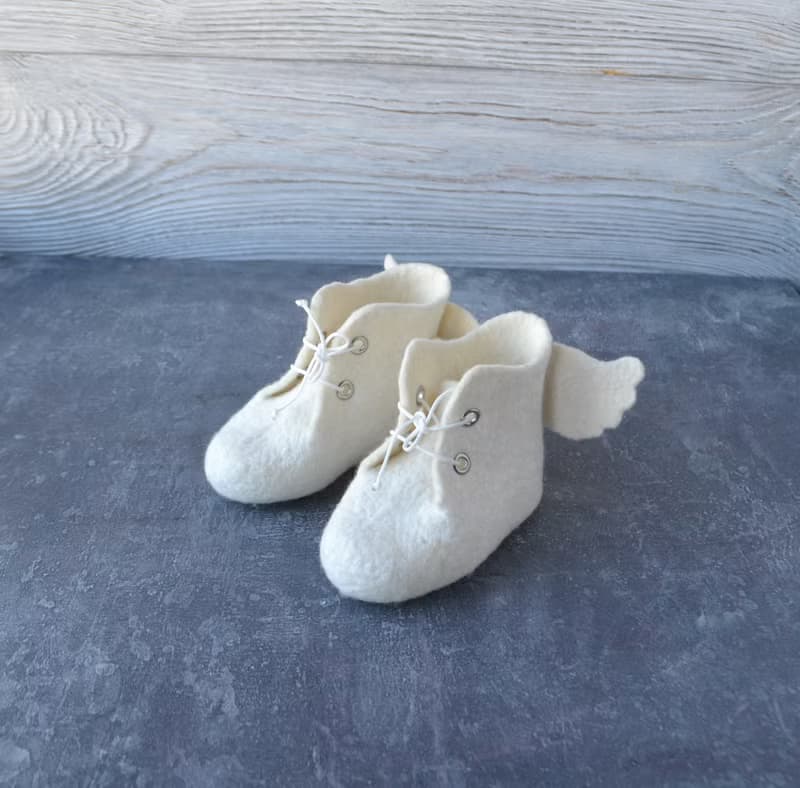 Felted wool white baby booties with angel wings Newborn shoes Christening gift