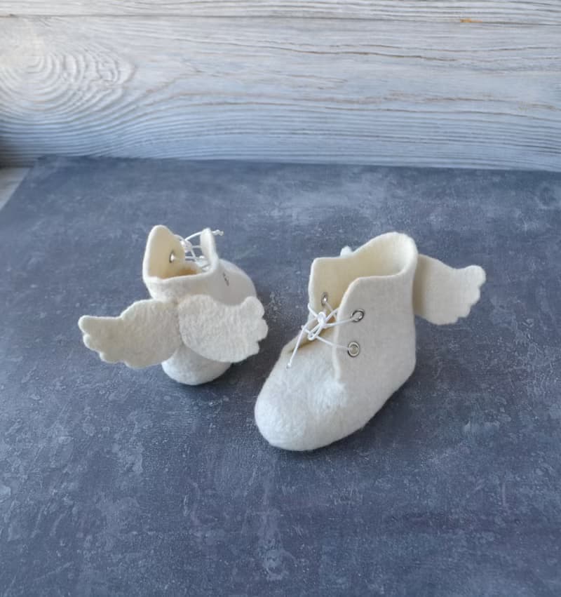 Felted wool white baby booties with angel wings Newborn shoes Christening gift
