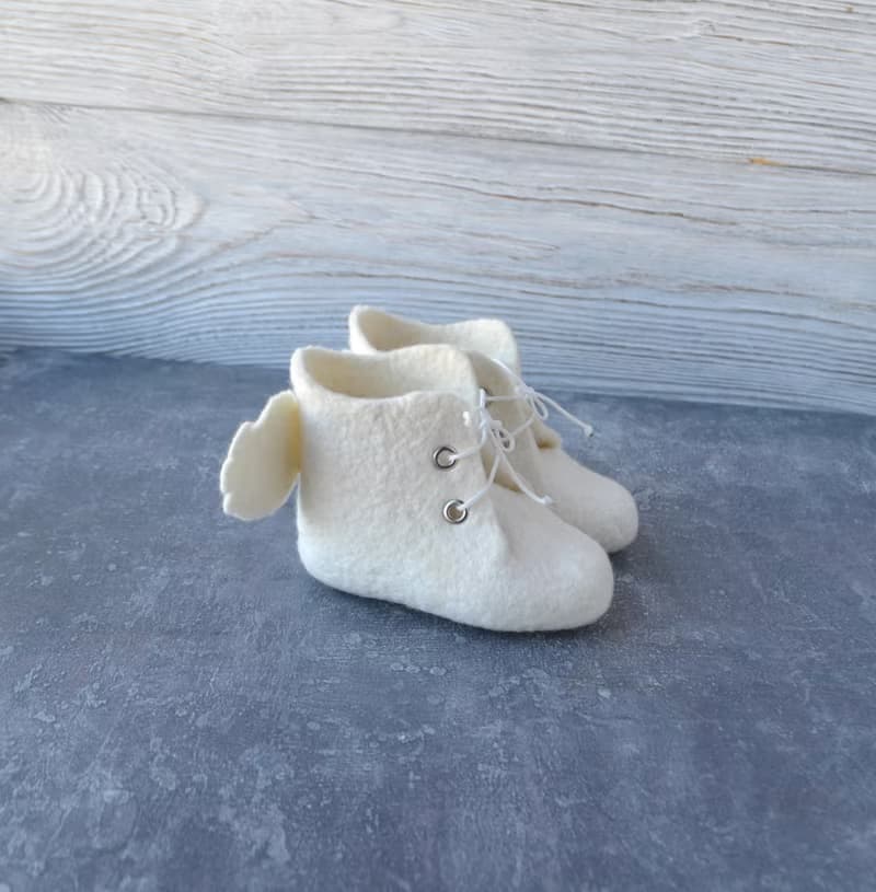 Felted wool white baby booties with angel wings Newborn shoes Christening gift