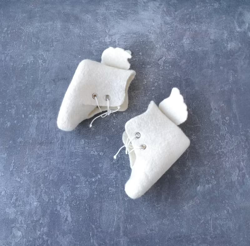 Felted wool white baby booties with angel wings Newborn shoes Christening gift