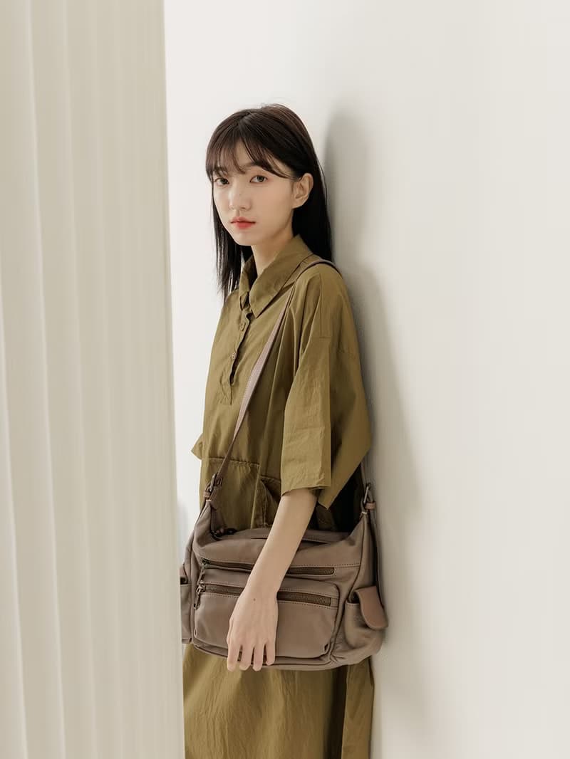 supportingrole 真皮擁抱優雅多口袋分層功能性 灰褐色