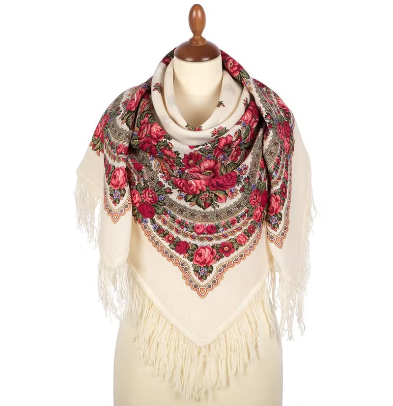 Pavlovo Posad Russian Shawl 100% Wool Scarf 125 cm, Wrap Woolen Fringe 1901-1