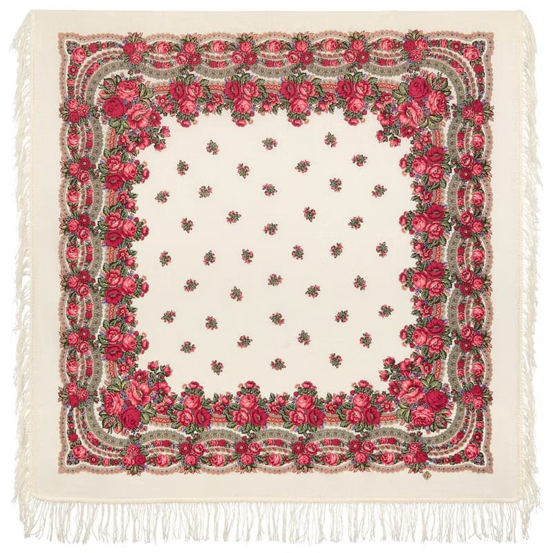 Pavlovo Posad Russian Shawl 100% Wool Scarf 125 cm, Wrap Woolen Fringe 1901-1