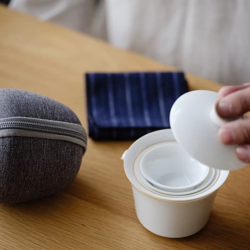 聞說|景德鎮甜白瓷蓋碗快客杯 薄胎紫金描線 便攜式旅行功夫茶具