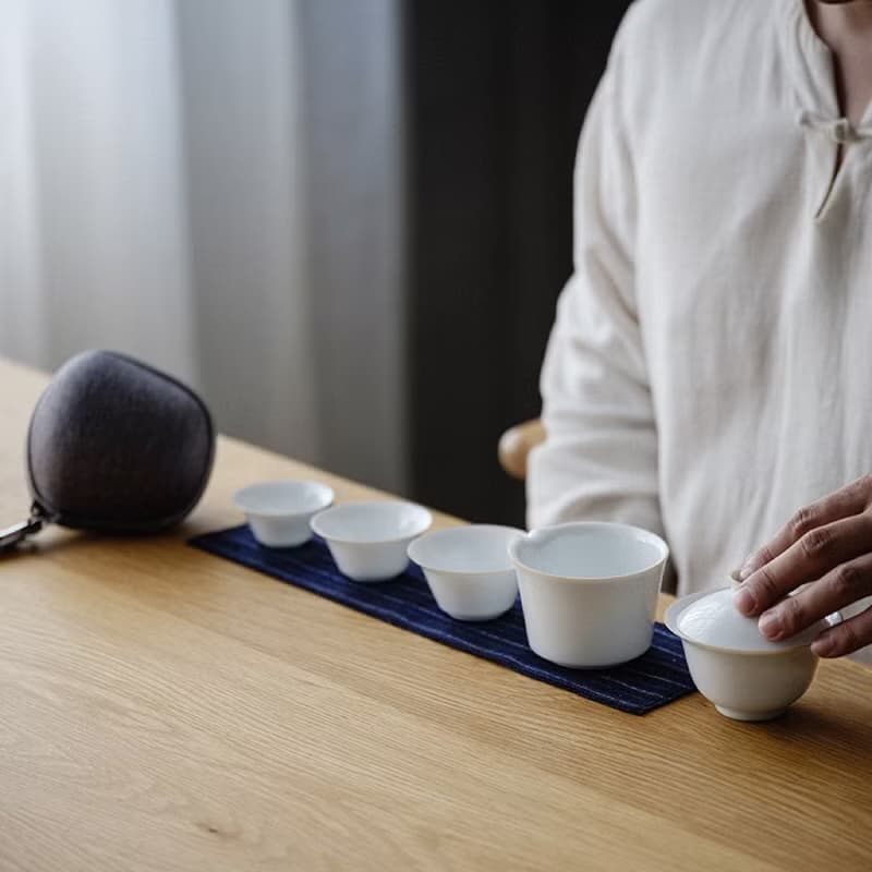聞說|景德鎮甜白瓷蓋碗快客杯 薄胎紫金描線 便攜式旅行功夫茶具