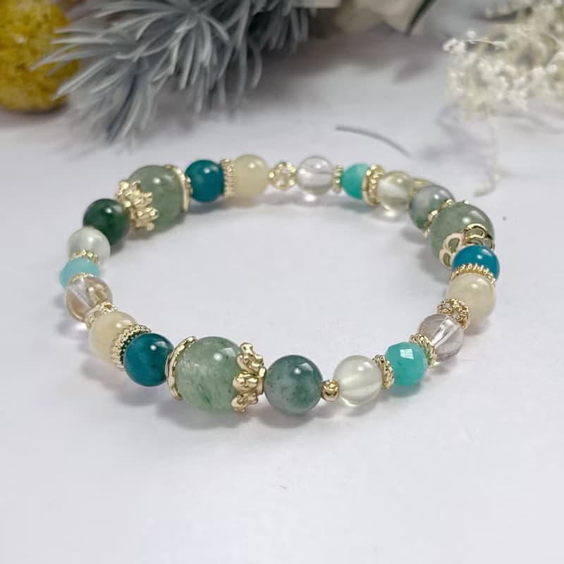 療癒消暑 綠草莓晶 天河石 磷灰石 水草瑪瑙 金髮晶 天然水晶手鏈