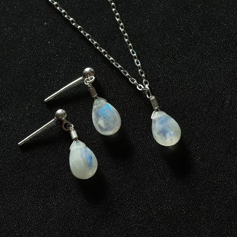 Rainbow Moonstone Moonlight Silver Earring Necklace Set
