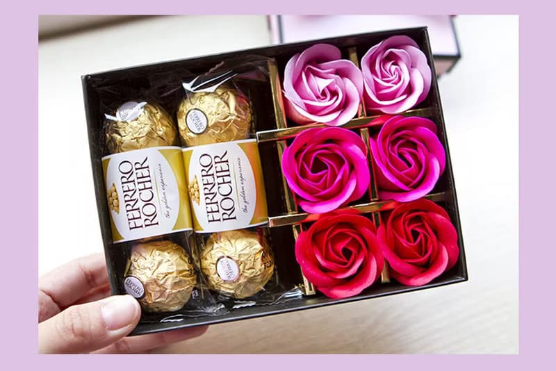 金莎巧克力6顆入+6朵玫瑰香皂花禮盒-紅色-禮品 獎品 送禮 緞帶