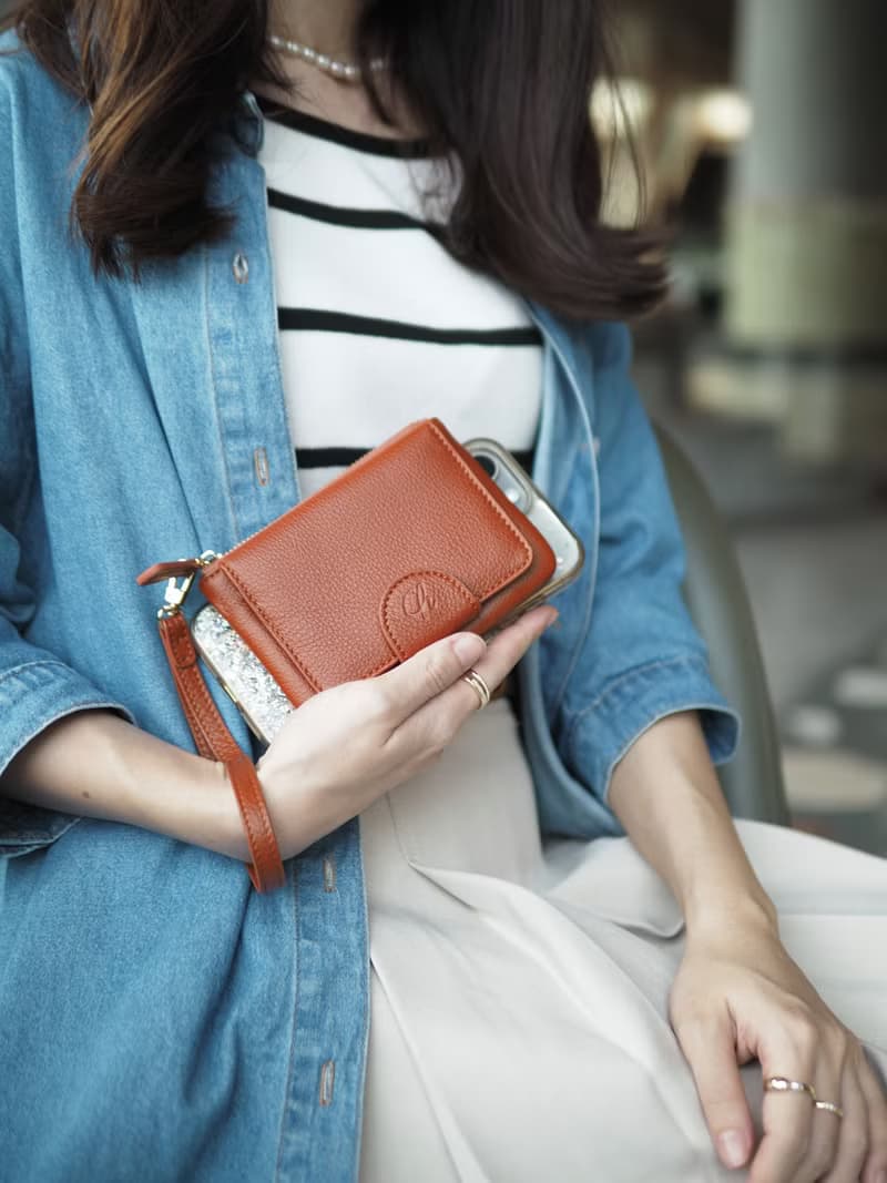 Mary (Caramel) : Mini wallet, short wallet, cow leather, Brown-Orange, Zip pouch