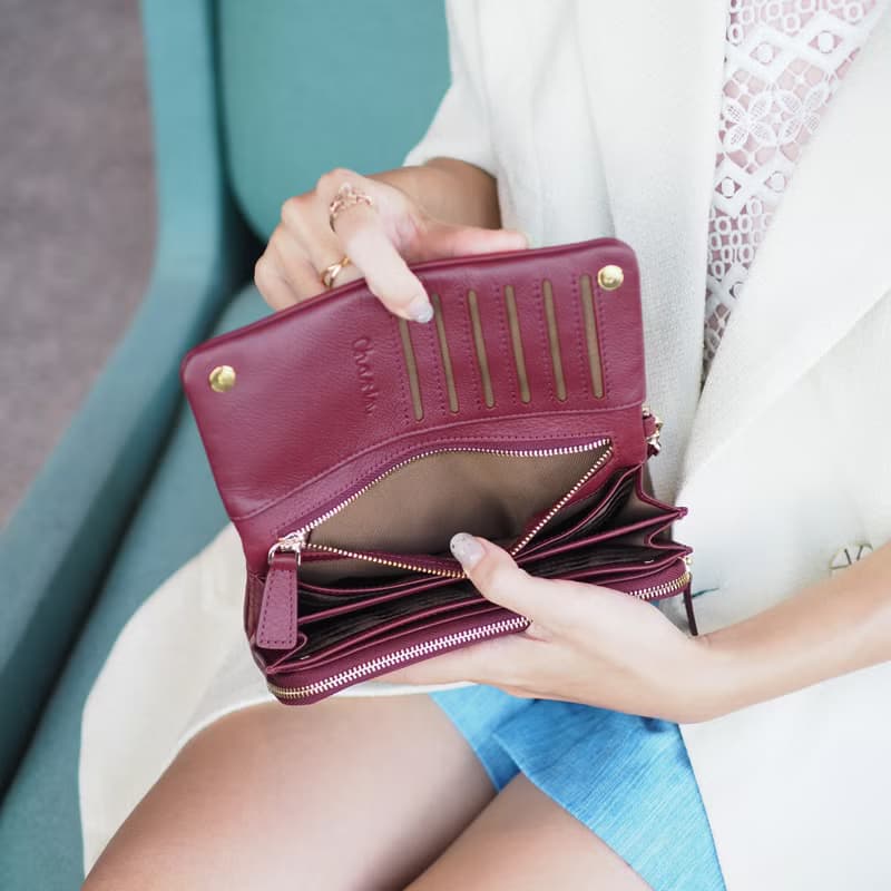 Mousse wallet (Burgundy) : Long wallet, Soft leather wallet, Dark red