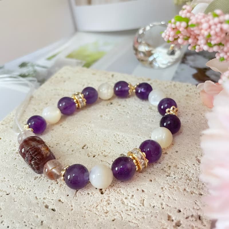 14K包金招財手鍊 招財貔貅 紫水晶 紫幽靈 白貝母 紫鈦晶 淨化