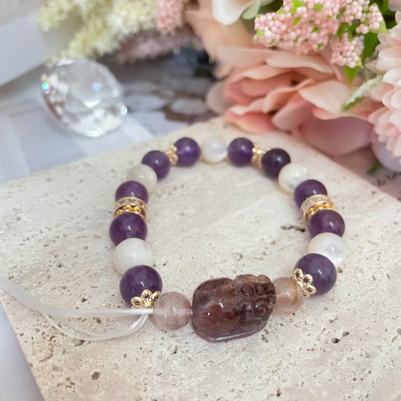 14K包金招財手鍊 招財貔貅 紫水晶 紫幽靈 白貝母 紫鈦晶 淨化