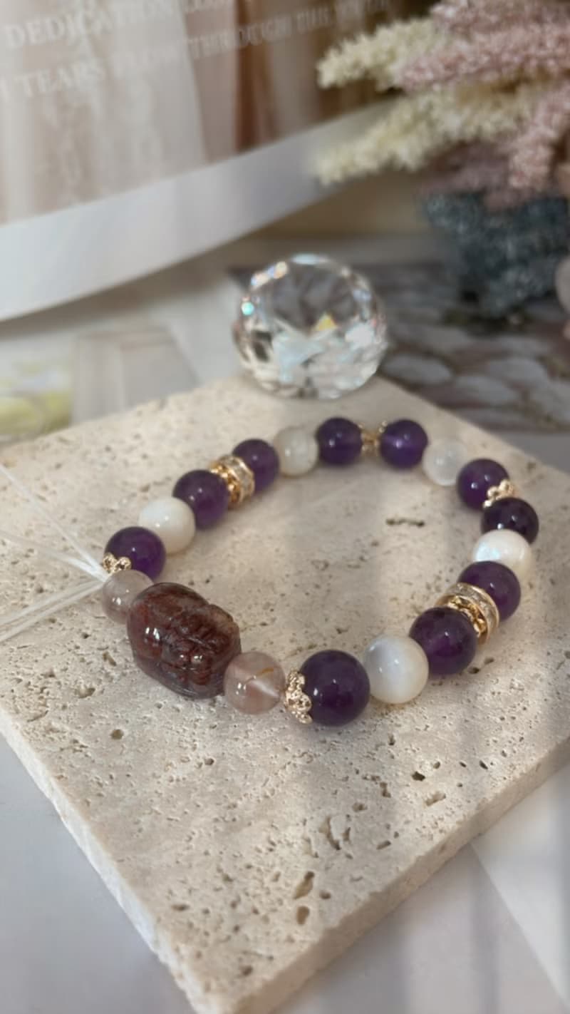 14K包金招財手鍊 招財貔貅 紫水晶 紫幽靈 白貝母 紫鈦晶 淨化
