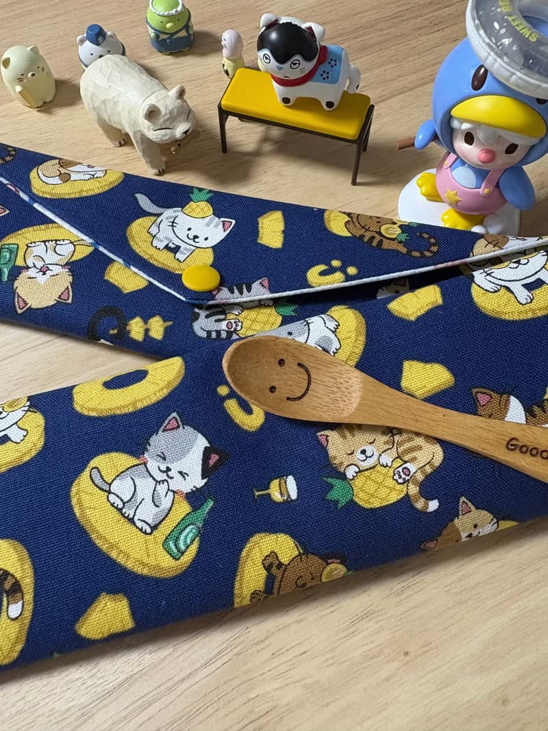 文青風環保純棉筷袋 旺來酷帥萌貓 原胚蔚藍 厚實手感 童心 優質