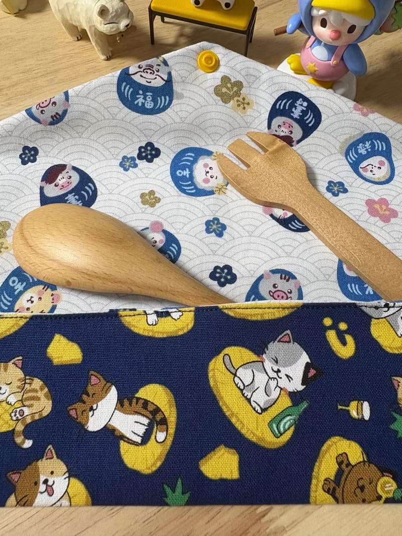 文青風環保純棉筷袋 旺來酷帥萌貓 原胚蔚藍 厚實手感 童心 優質