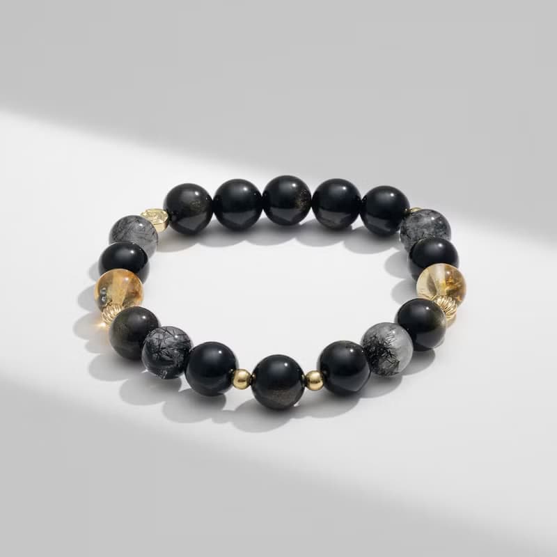 夜闌 | 金曜石 黑髮晶 黃塔晶 | 男款水晶手鍊