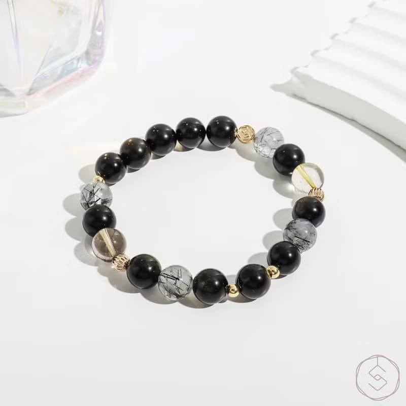 夜闌 | 金曜石 黑髮晶 黃水晶 | 男款水晶手鍊