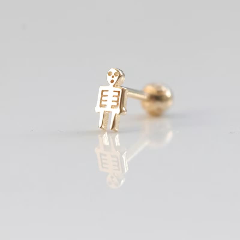 14K 金骷髏鎖珠耳環(單個) 耳骨 耳窩 碰水洗澡流汗不褪色