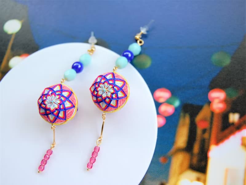 tachibanaya 日本的傳統工藝 手鞠球 刺繡 耳環 台灣 藍 粉色