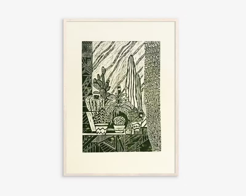 Linocut print Yellow and green Botanical cactuses illustration Original artwork