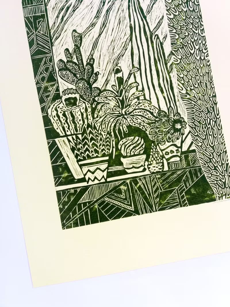 Linocut print Yellow and green Botanical cactuses illustration Original artwork