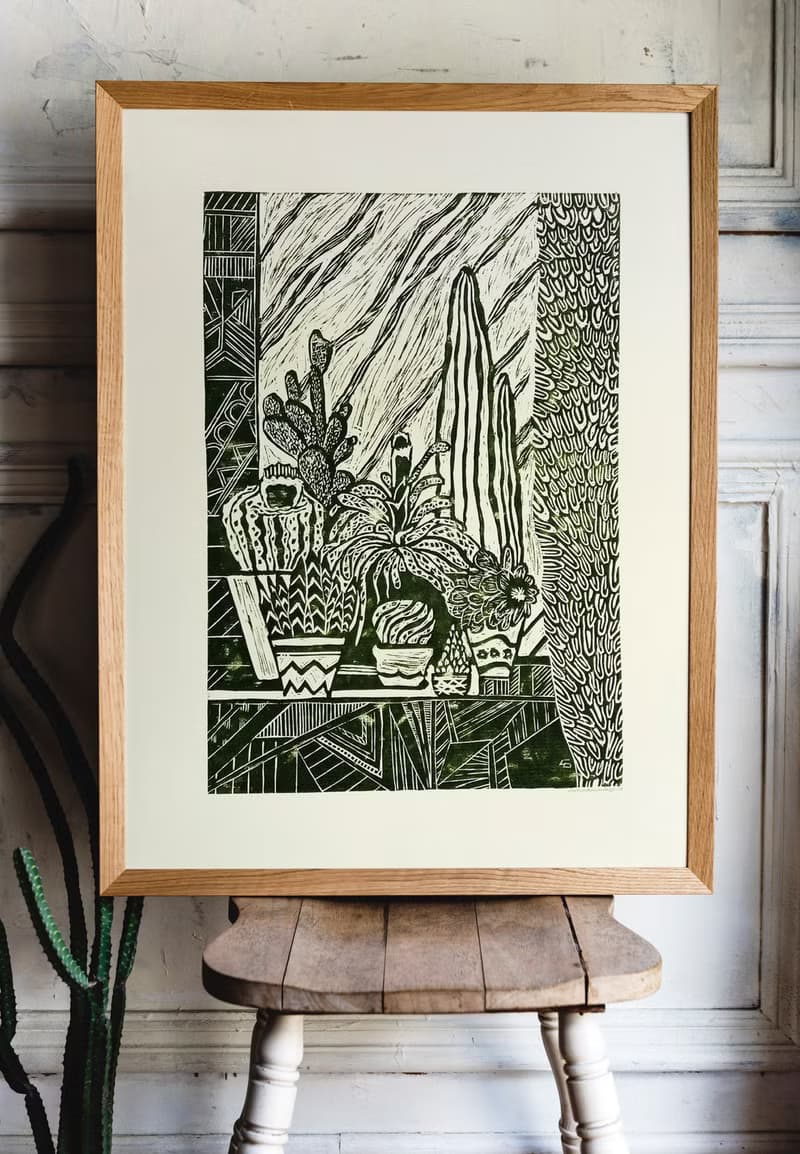 Linocut print Yellow and green Botanical cactuses illustration Original artwork