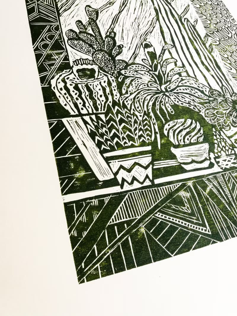 Linocut print Yellow and green Botanical cactuses illustration Original artwork