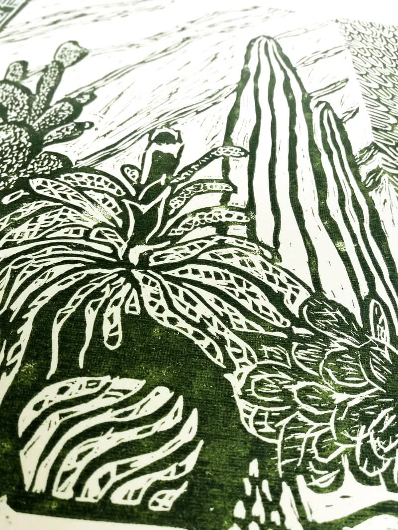 Linocut print Yellow and green Botanical cactuses illustration Original artwork