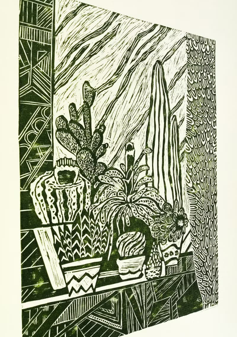 Linocut print Yellow and green Botanical cactuses illustration Original artwork