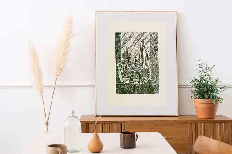 Linocut print Yellow and green Botanical cactuses illustration Original artwork