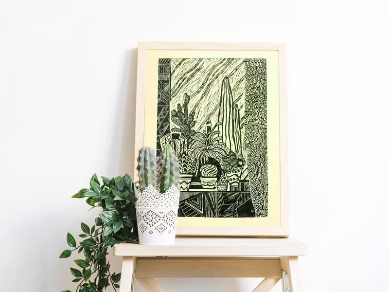 Linocut print Yellow and green Botanical cactuses illustration Original artwork