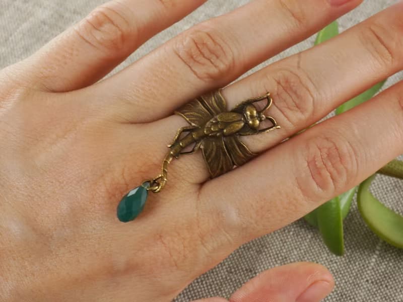 Brass Dragonfly Adjustable Ring Swarovski Green Crystal Charm Ring Jewelry Gift