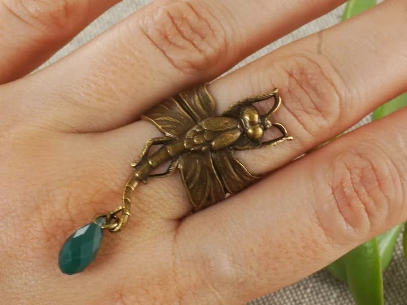 Brass Dragonfly Adjustable Ring Swarovski Green Crystal Charm Ring Jewelry Gift