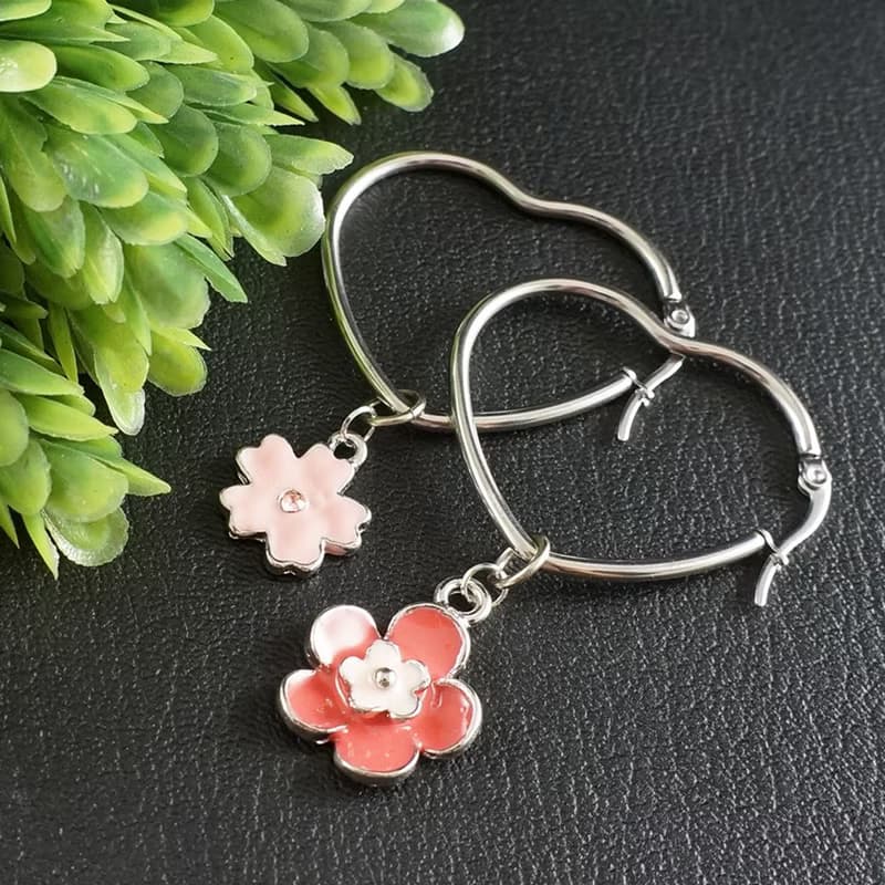 Pink Sakura Enamel Flowers Floral Heart Hoop Earrings Hoops Swarovski Jewelry