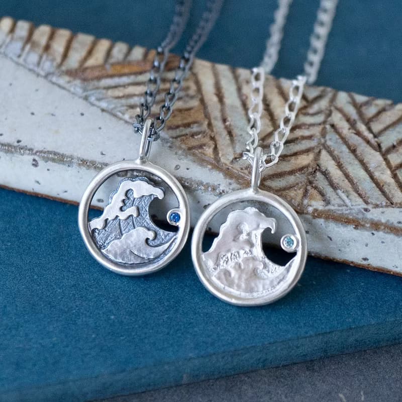 浮世繪【迷你海浪】神奈川沖浪裏 手工鑲鋯石 925純銀 項鍊 送禮