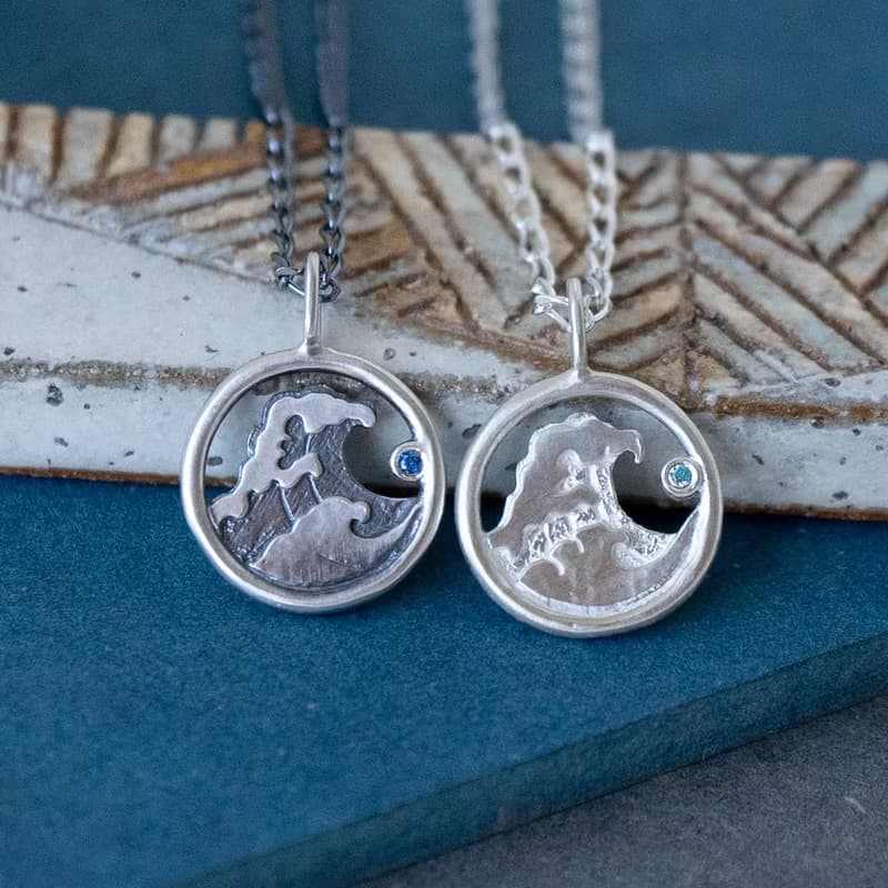 浮世繪【迷你海浪】神奈川沖浪裏 手工鑲鋯石 925純銀 項鍊 送禮