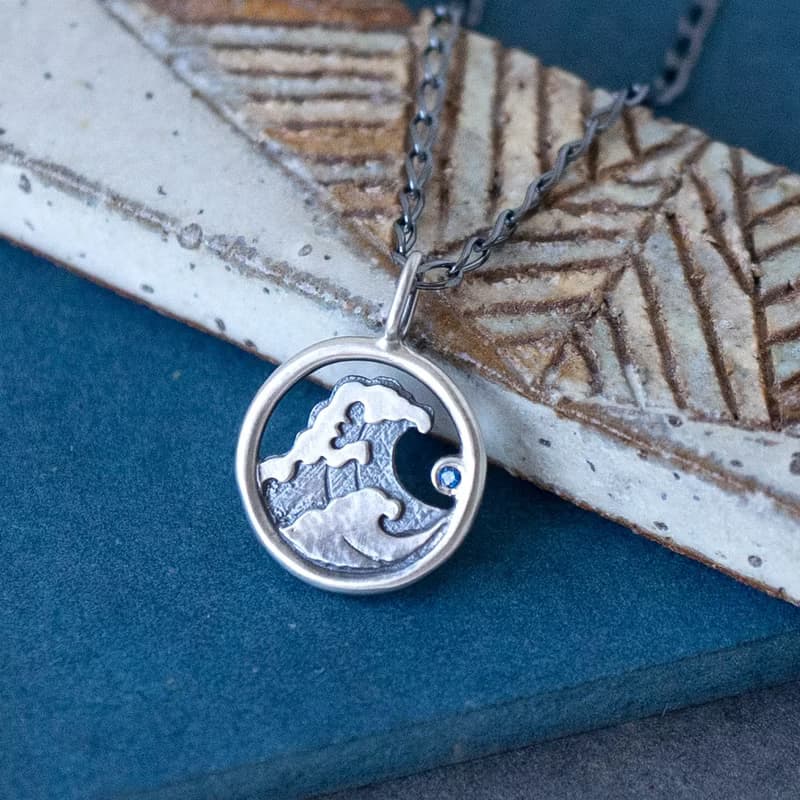 浮世繪【迷你海浪】神奈川沖浪裏 手工鑲鋯石 925純銀 項鍊 送禮