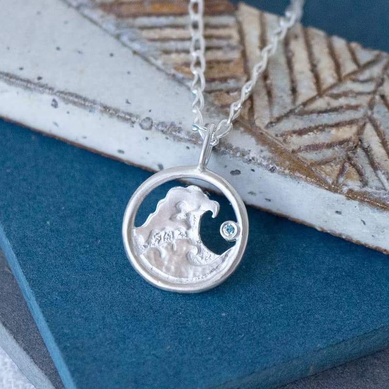 浮世繪【迷你海浪】神奈川沖浪裏 手工鑲鋯石 925純銀 項鍊 送禮