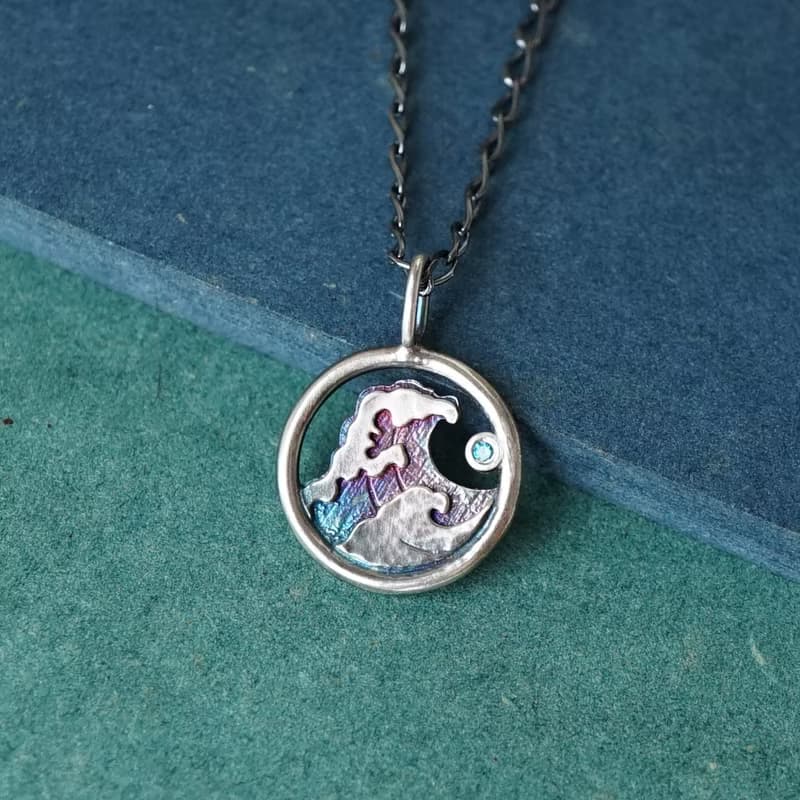 浮世繪【迷你海浪】神奈川沖浪裏 手工鑲鋯石 925純銀 項鍊 送禮