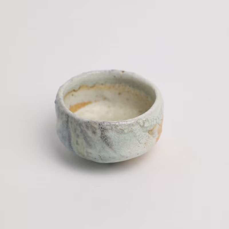 明芽窯 l 柴燒縮志野小茶碗 水藍 藍 縮釉 陶器 陶杯 陶藝品 T